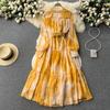 Women French Fashion Single Breasted V Neck Long Dress With Belt Summer Autumn Elegant Print A-line Robe Female Holiday Clothes