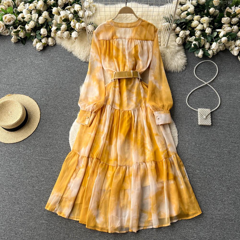 Women French Fashion Single Breasted V Neck Long Dress With Belt Summer Autumn Elegant Print A-line Robe Female Holiday Clothes