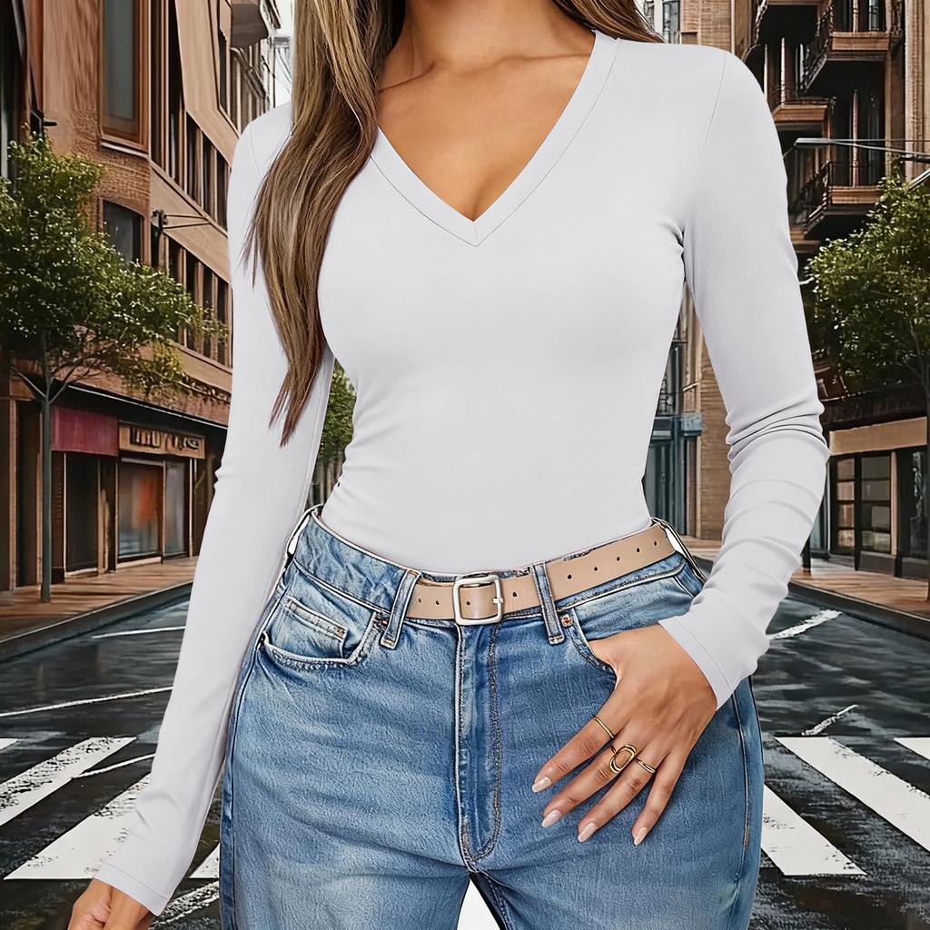 Women's Color V,Neck Slim,Fit Long,Sleeve Top