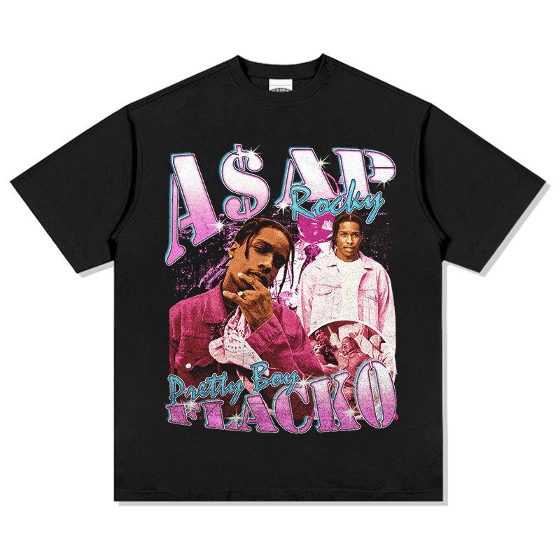 ASAP A $AP ROCKY High Street Hip Hop Rap T-Shirt Men's Heavyweight Loose Small Neckline Short Sleeves Comfortable Unisex Tshirt