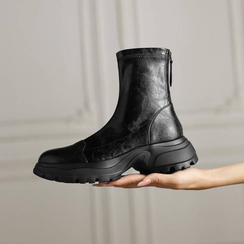 Autumn and winter women's leather boots solid color medium heel round head versatile large size women's boots genuine leather medium boots sheepskin 