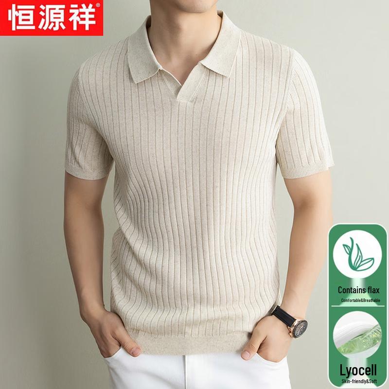Hengyuanxiang Men s Linen Blend Seagull Collar Polo Shirt 3XL