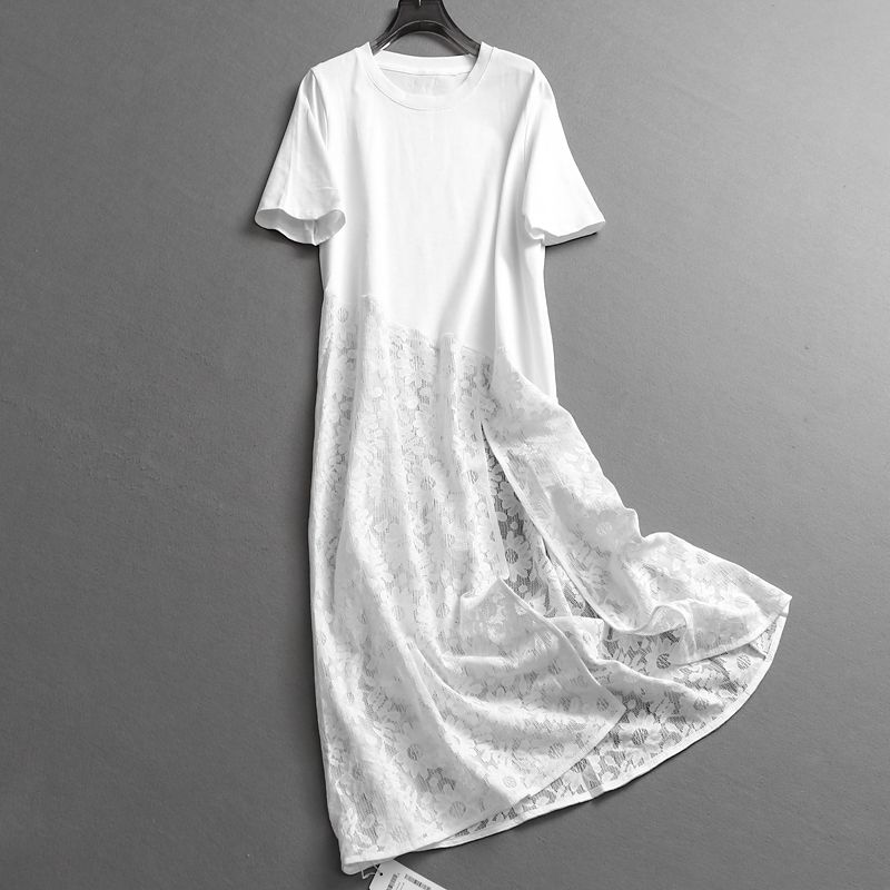 

Однотонное кружевное шитье Разрез Свободное Приталенное 2025 Лето Новое Длинное платье круглый вырез Футболка Юбка Платье Z592 White S