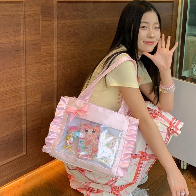 Pattern Lace Design Tote Bag With Transparent Compartment For Daily Use Girls