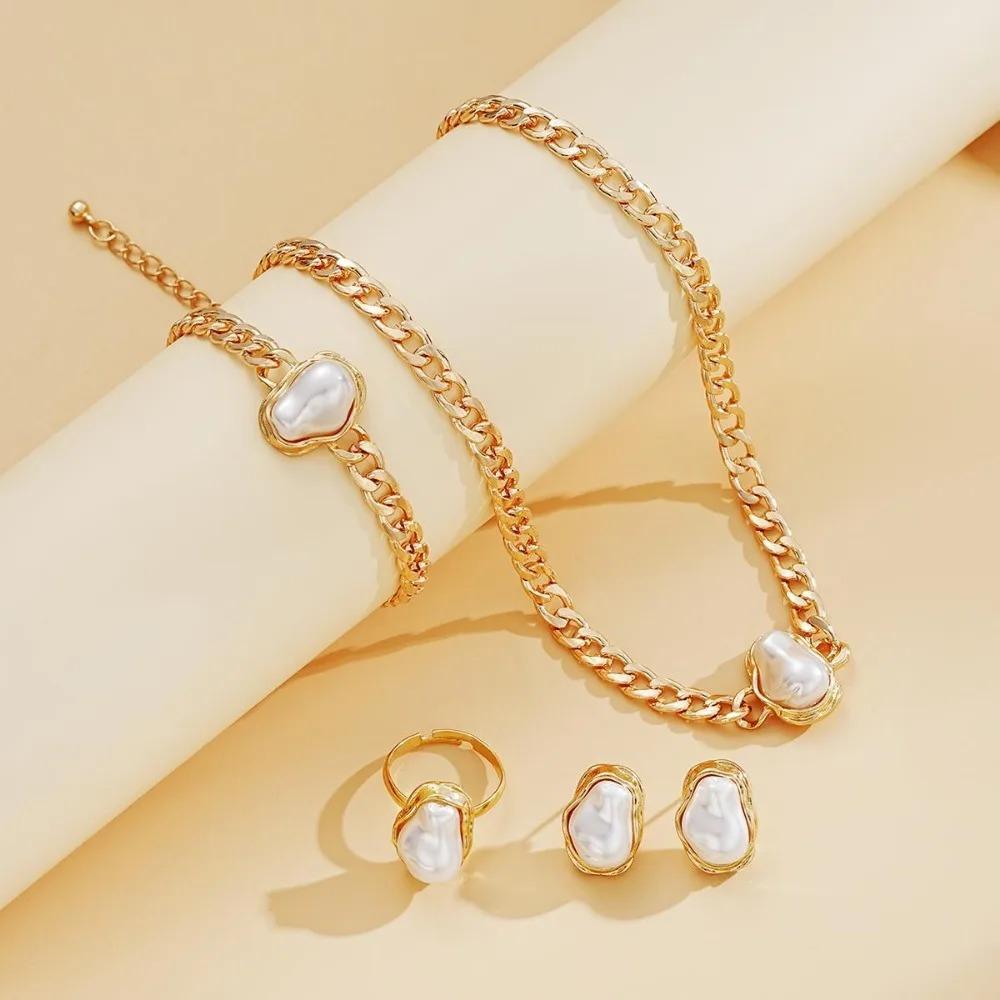 Special-shaped Imitation Pearl Jewelry Set for Women Girls Retro Luxury Temperament Necklace Bracelet Stud Earrings Ring