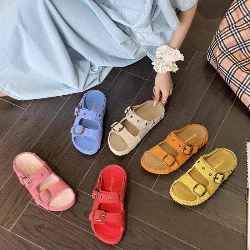 Thick-bottomed heightening Boken cool slippers women's summer 2025 new leather flat-bottomed casual belt buckle one-word slippers