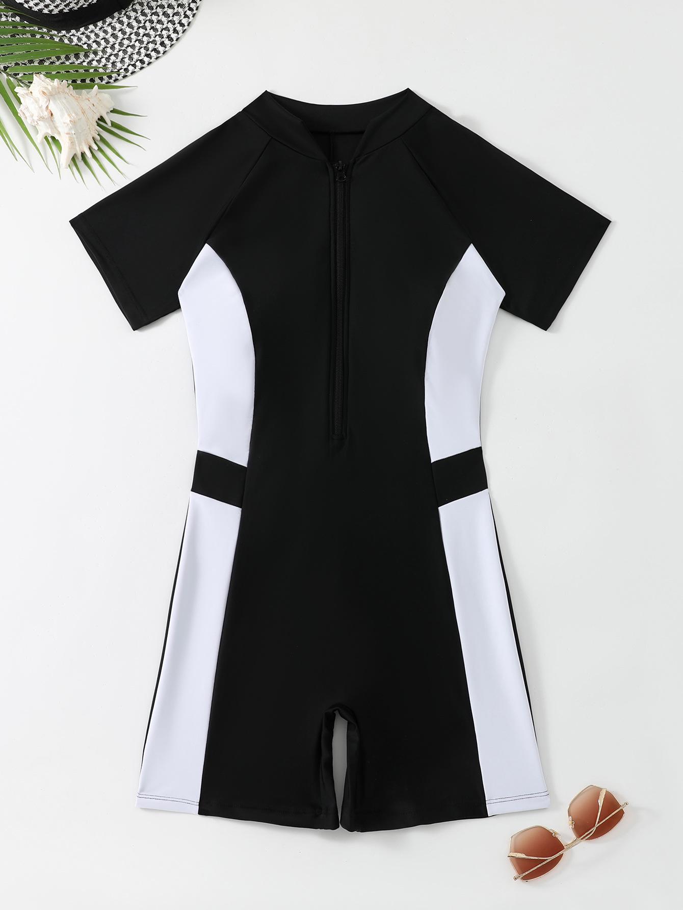 

Европейский и американский однотонный купальник-слип с коротким рукавом и молнией для серфинга 2026 Medium