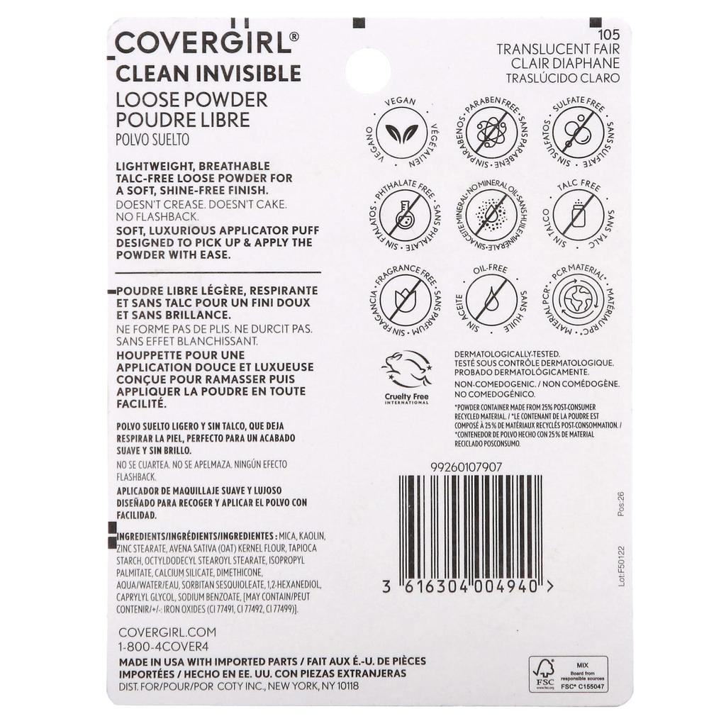 Covergirl, Clean Invisible, sypký pudr, 105 Průsvitný perleťový, 0,63 oz (18 g)