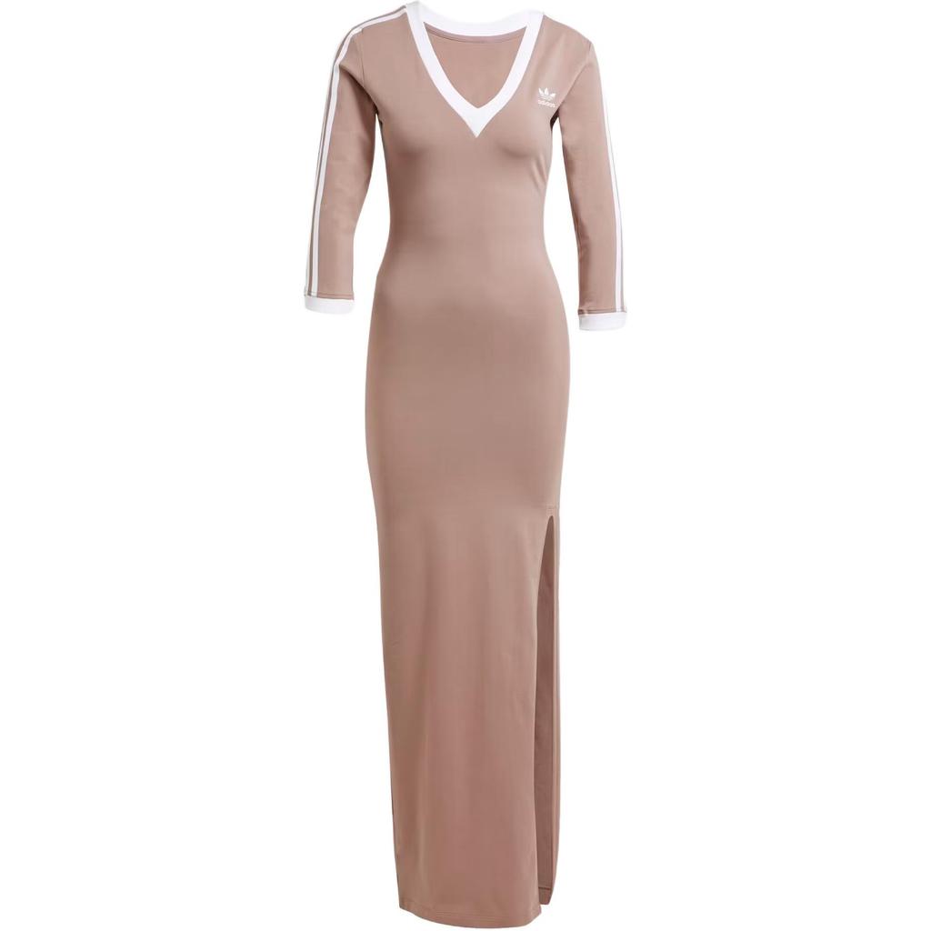 adidas Originals Adicolor Classics V-Neck Three-Quarter Sleeve Side Slit Maxi Dress Women Shadow-Brown JX5193