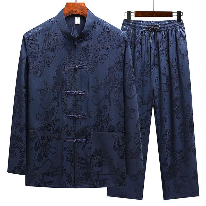 Men's Ice Silk Long-Sleeve Tang Suit: Chinese-Style Spring Hanfu for Older Adults, Loose Fit