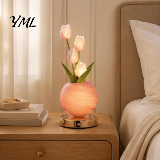 Modern Bedroom Lighting Tulip Ceramic Night Light, Gradient Color Artificial Flower Table Lamp, Rechargeable Eye Caring Reading Light Touch