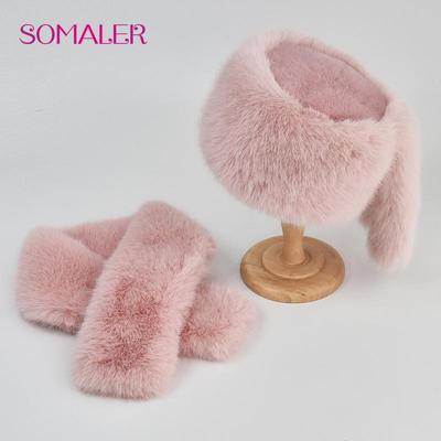Winter Faux Fur Hat Scarf Set Warm Women Flat Top Bucket Caps with Two Tails Caps Scarves