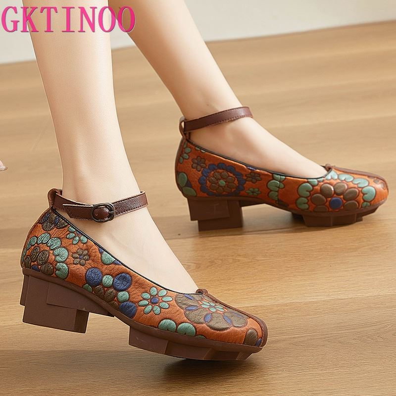 Fashion GKTINOO High Heels Pumps Women Shoes 2025 New Spring Genuine Leather Buckle Strap Retro Round Toe Casual Platform Ladies Shoes