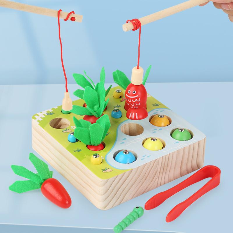 Children'S Wooden Magnetic Fun Fishing Pulling Radishes And Catching Bugs Games Early Education Puzzle Hand-Eye Coordination Hands-On Toys