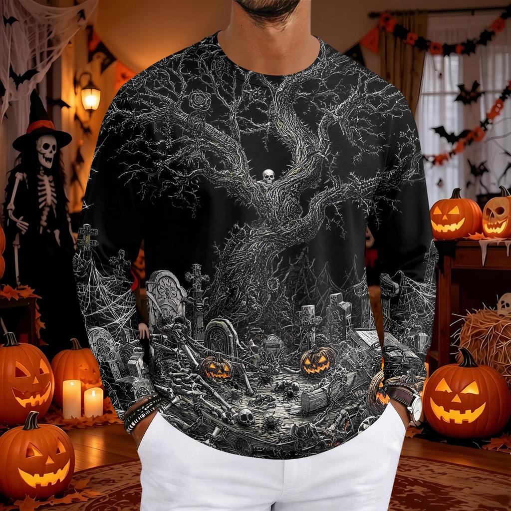 Men's Halloween Print Neck Long Sleeve T-Shirt