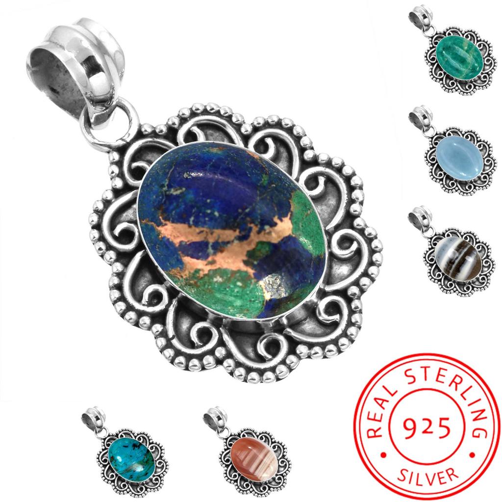 925 Sterling Silver Pendant Women Gemstone Handmade Jewelry New Year Gift Amazonite Angelite Blue Opal Botswana Agate Mohave Azurite Chrysocolla Boho