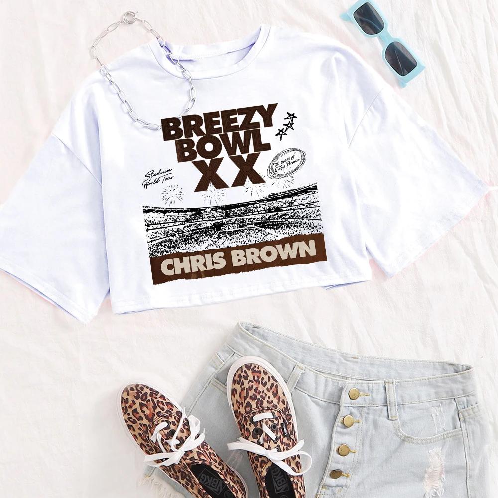 Chris Brown Breezy Bowl XX Tour Shirt Women Summer Short Sleeve Crop Tops T-shirt Fans Gift