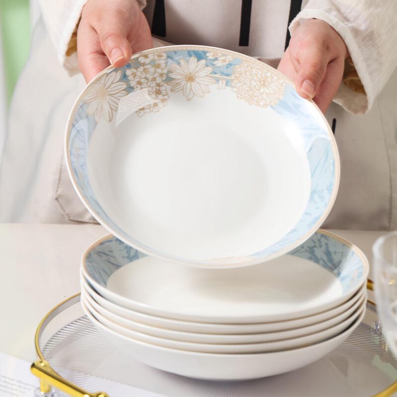 Hao Ya Jingdezhen Ceramic 8-inch Deep Dinner Plates, Time Walk Pattern, Set of 6