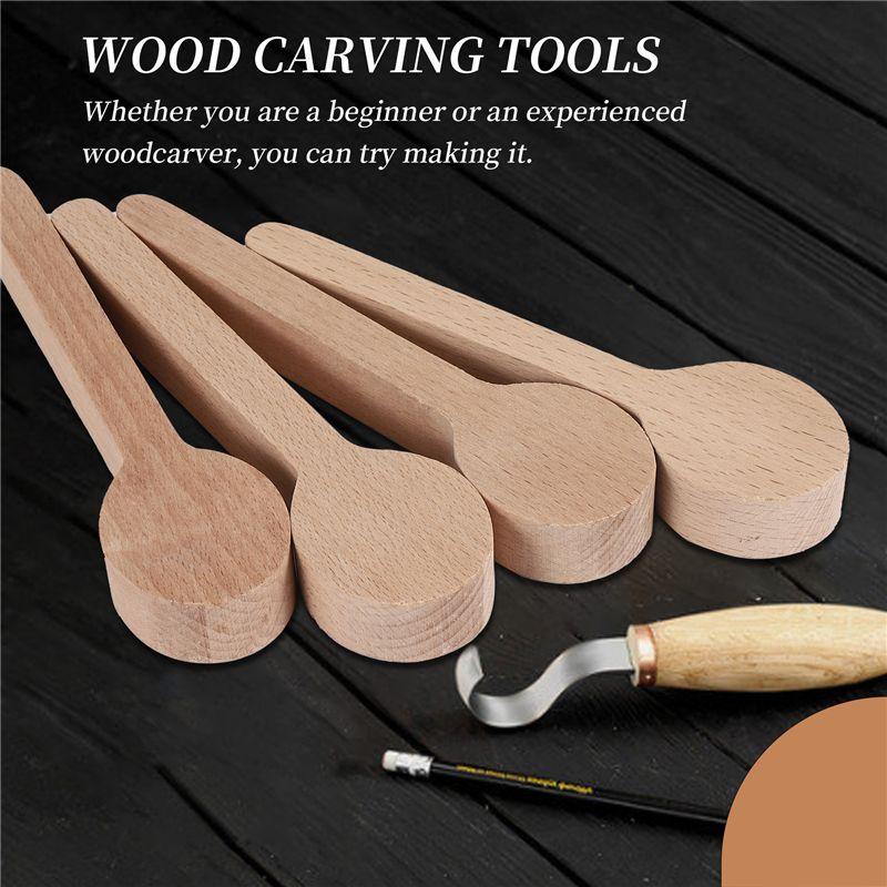 M-Modern-4 Pcs Wood Carving Spoon Blank Beech Wood Unfinished Wooden Craft Whittling Kit For Whittler Starter
