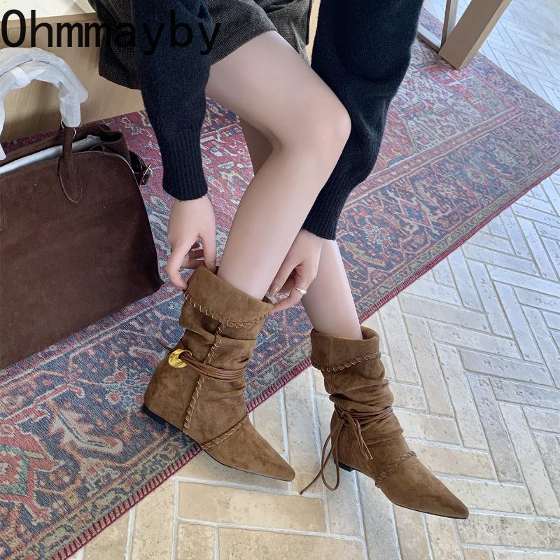 Autumn Winter Pleated Western Mid Calf Boots Women Designer Pointed Toe Internal Elevation Knight Botines De Mujer