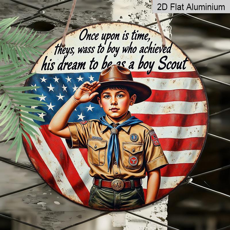 2D Flach, 1 Stück Rund Boy Scout Gruß USA Flagge Aluminium Hängeschild, Vintage Patriotisches Scout Traum Design, Rustikale Metall Wanddekoration, Perfekt für 4. Juli