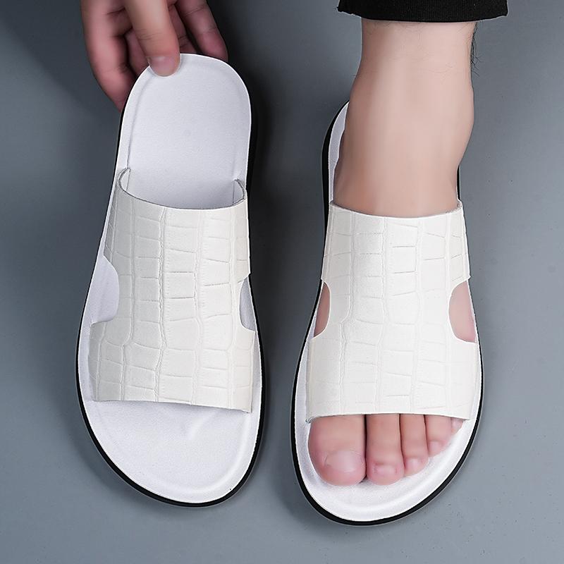

Men Black Leather Slippers Flats Summer Brown Sandals Outdoor White Wide Head Beach Shoes for Father Over Sized 46 47 48 EU:38