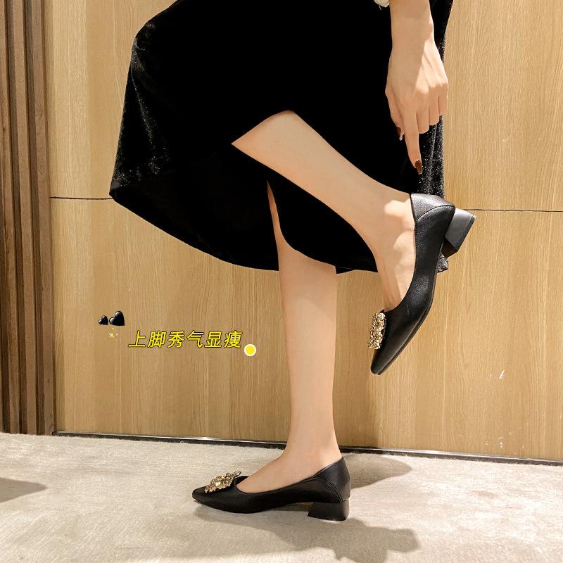 Leather French thick heel low heel single shoes femininity pointed rhinestone square buckle occupation commuter work large size women's shoes