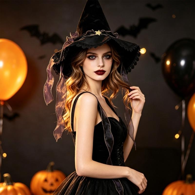 Black Soft Finish Witch Hat for Adults with Star Accent Ribbon Trim and Flared Edge Costume Look for Halloween Parties and Photo Fun