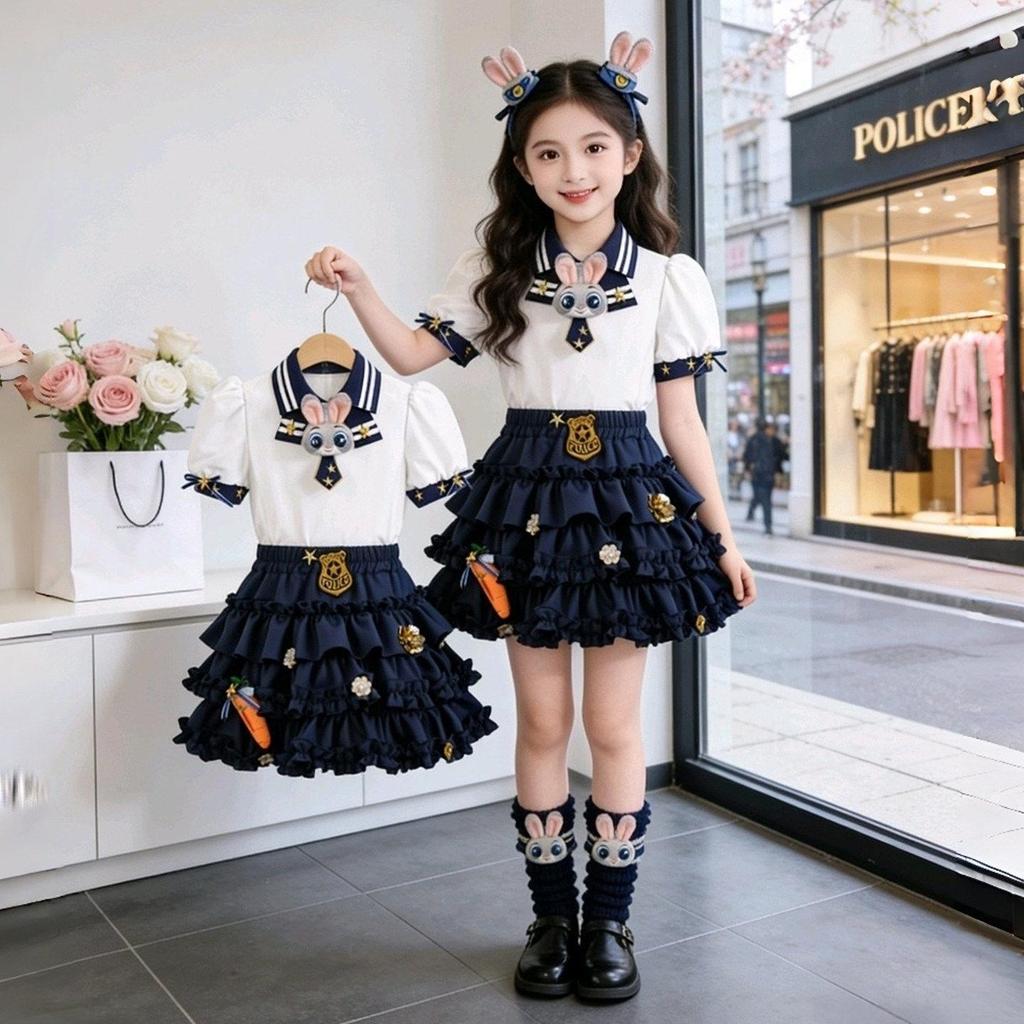 Girls' Academy Style Cartoon Skirt Set - Sweet Summer Princess Two-Piece Outfit