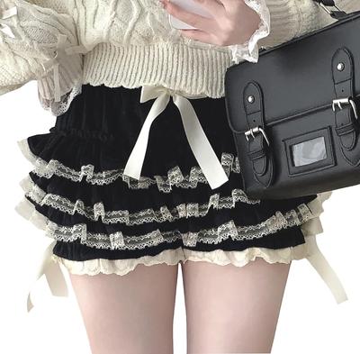 Süße Rüschen-Spitzen-Unterhose Stilvoll Schwarz [XHSUKADO] Hosen mit Band-Stickerei, Petticoat, Flauschig, Kürbis-Form Hosen, Unterteile, Shorts, Damen, Blickdicht,