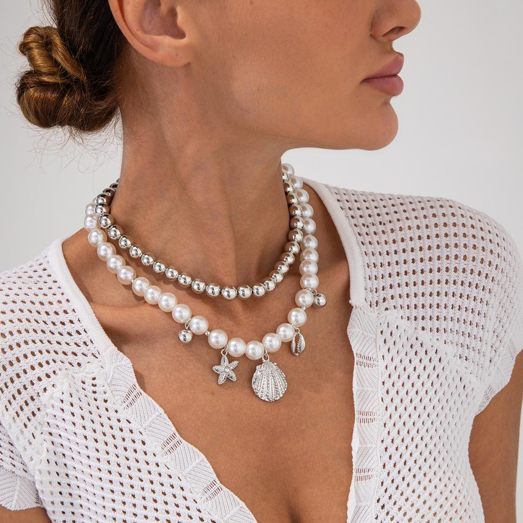 Suitable for Travel Beach Style Shell Starfish Conch Pendant Necklace Simple Imitation Pearl CCB Beaded Clavicle Chain Girl