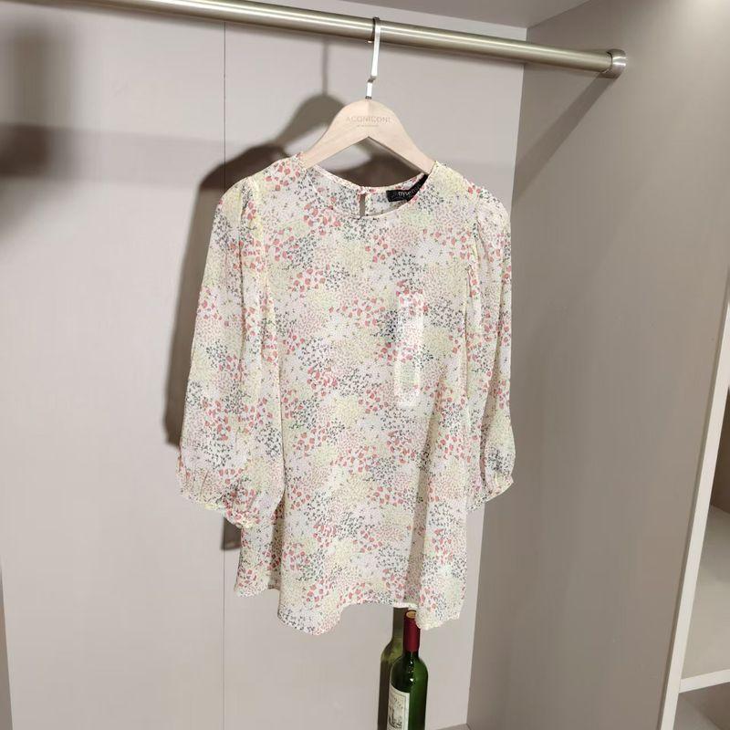 

Looking Forward to Spring Pastoral Art Print Puff Sleeves round Neck Pullover Chiffon Shirt Pink Print 40