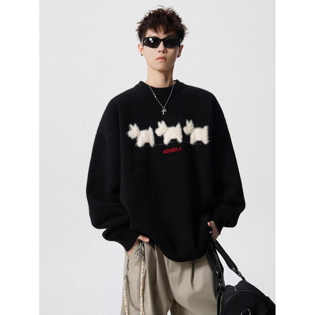 Herren Trendiger Cartoon Tier Mohair Pullover - Herbst/Winter Streetwear, Lässiger Stil, Rundhals Strick Kapuzenpullover