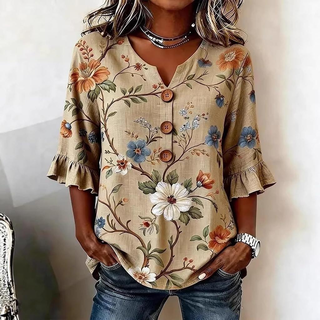Womens V Neck Floral Print Button Front Loose Fit Top with Ruffle Sleeve Casual Blouse for Everyday Wear