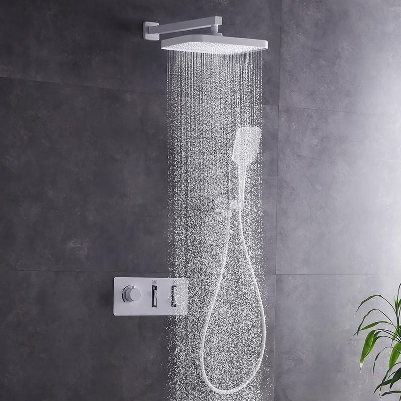 Brushed Gold Thermostatic Bathroom Shower Faucet In Wall Bath and Shower Faucet Set Gray Bathroom Mixer Bath and Rainfall Shower