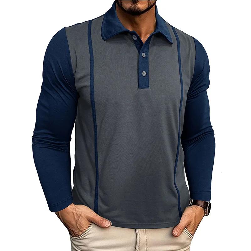 Spring Autumn Men's Contrasting Color Lapel Long Sleeve Button Polo Shirts Mens Casual Polos Tops