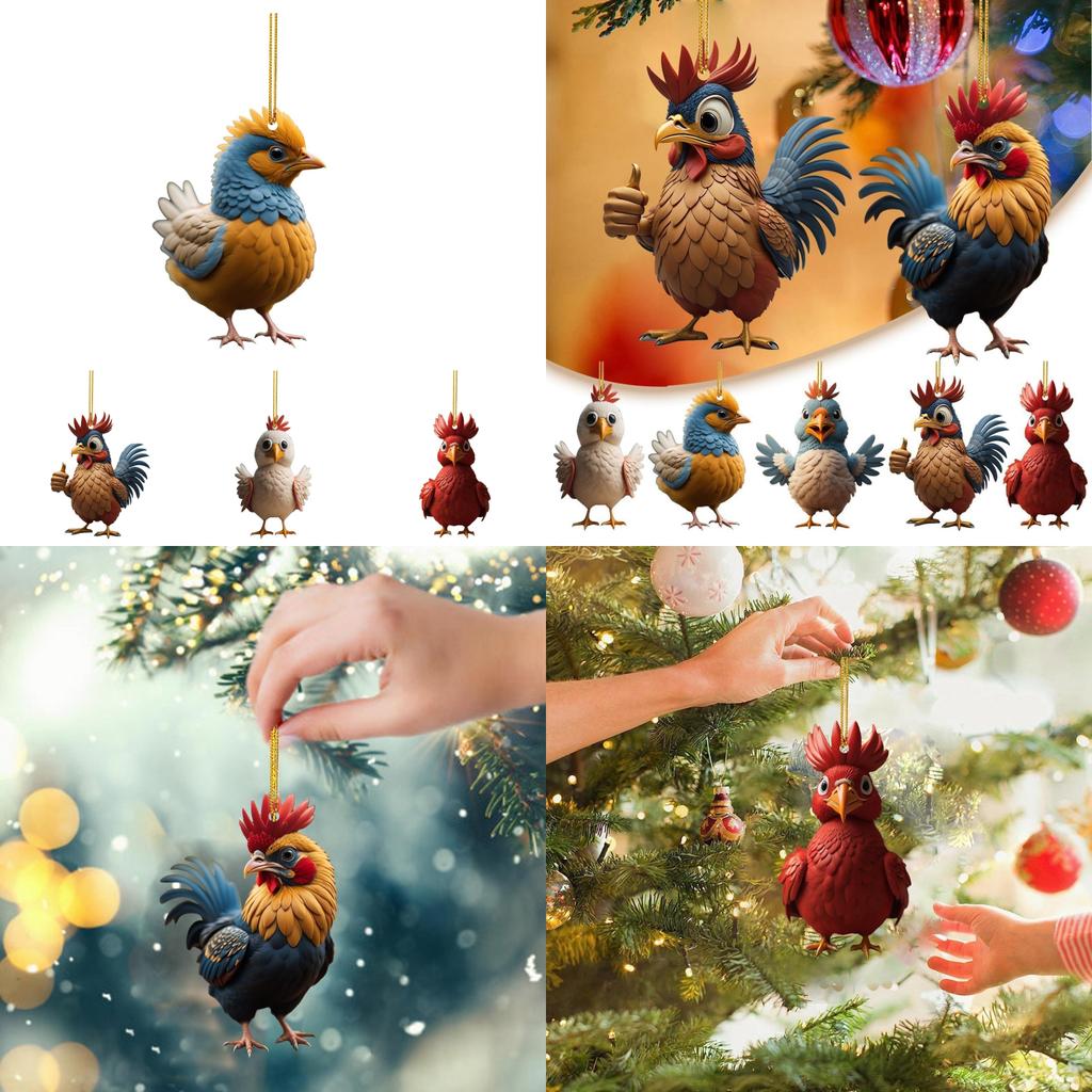 Adorable Acrylic Christmas Cartoon Chicken Car Pendant For Festive Holiday Decor