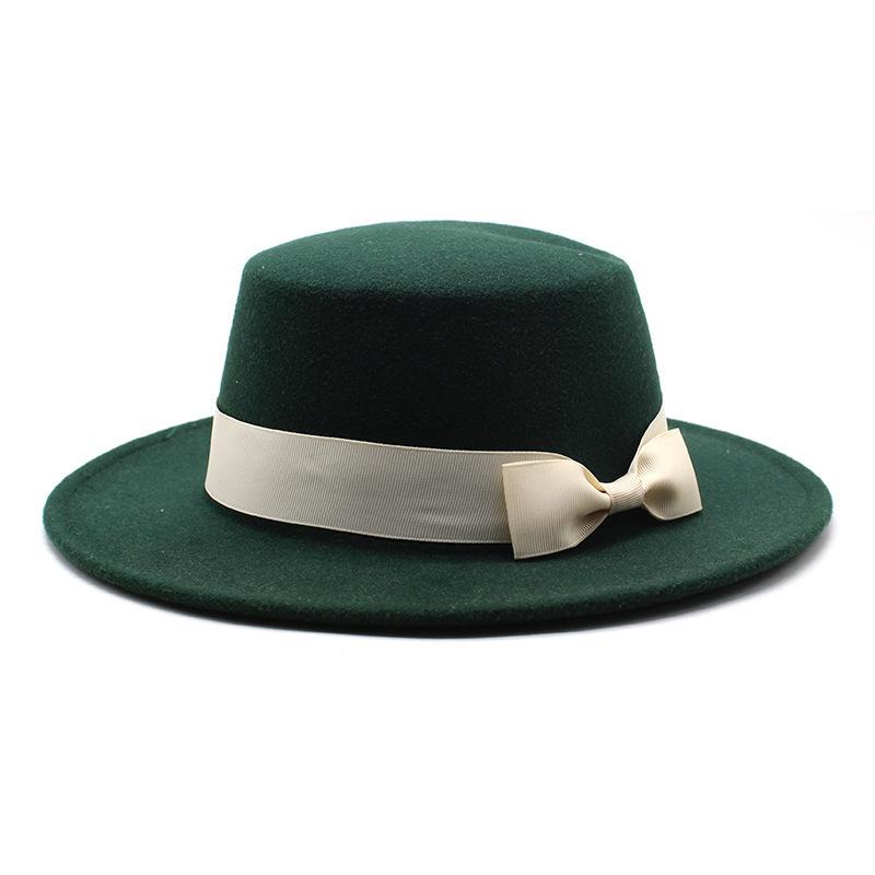 New style autumn and winter men's and women's flat-brimmed hats, fashion bows, flat-topped top hats, men's and women's woolen jazz hats