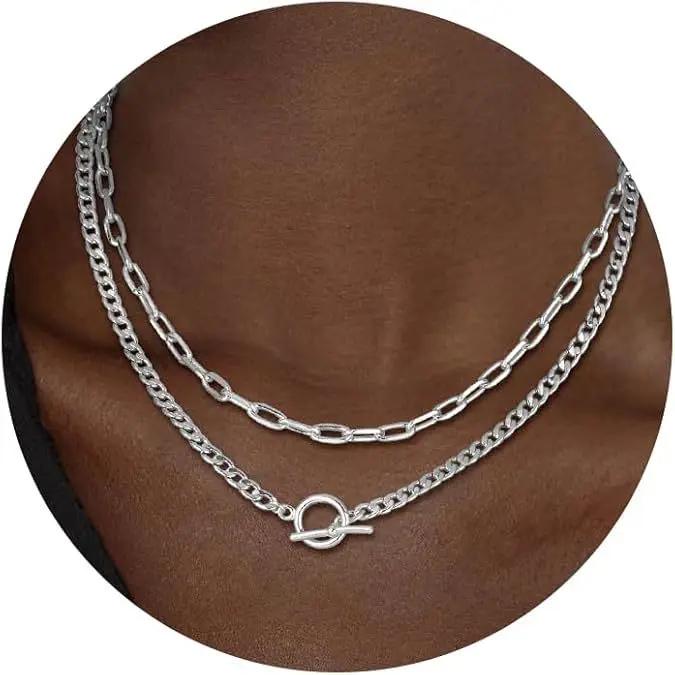 

Women Gold Layered Necklace, Cuban Link Paperclip Chain with Toggle Clasp, Trendy Fashion Jewelry срібний