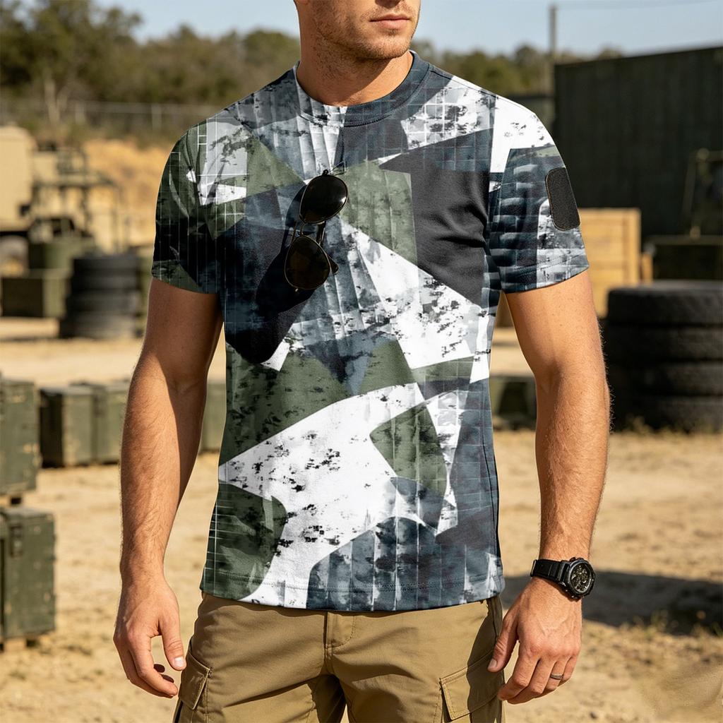 Men's Tactical Outdoor Quick Dry T Shirt Loose Fit Breathable Round Neck Short Sleeve Camouflage Print with Hook and Loop Patch Area