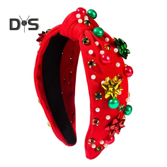 

Женский обруч для волос со стразами, искусственный жемчуг, рождественская повязка на голову, красный, зеленый, пэчворк, цветной головной убор, праздничный аксессуар красный