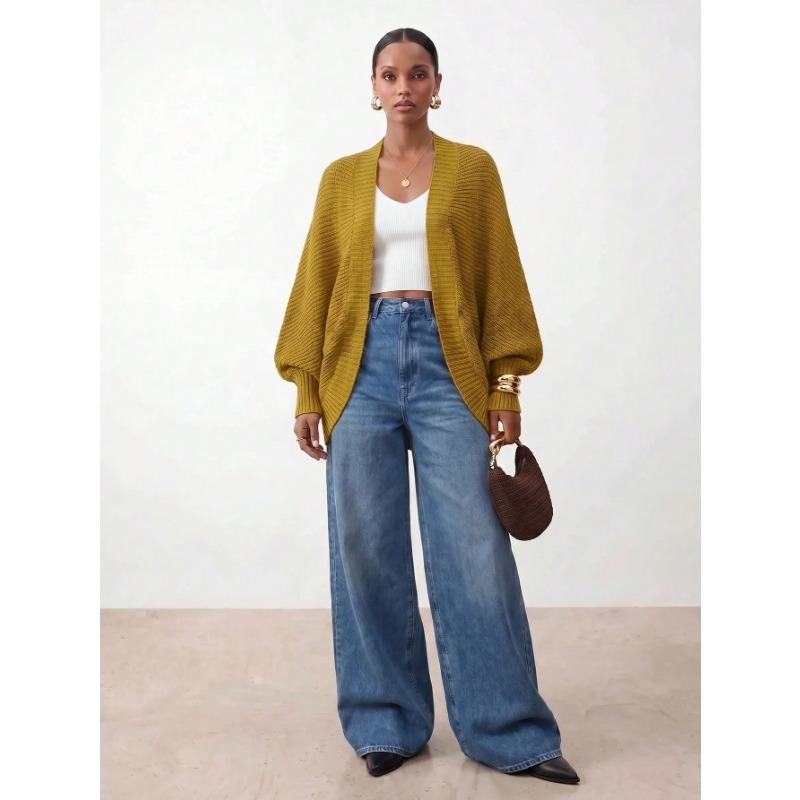 Women S Casual Mustard Yellow Solid Long Sleeve Cardigan Sweater