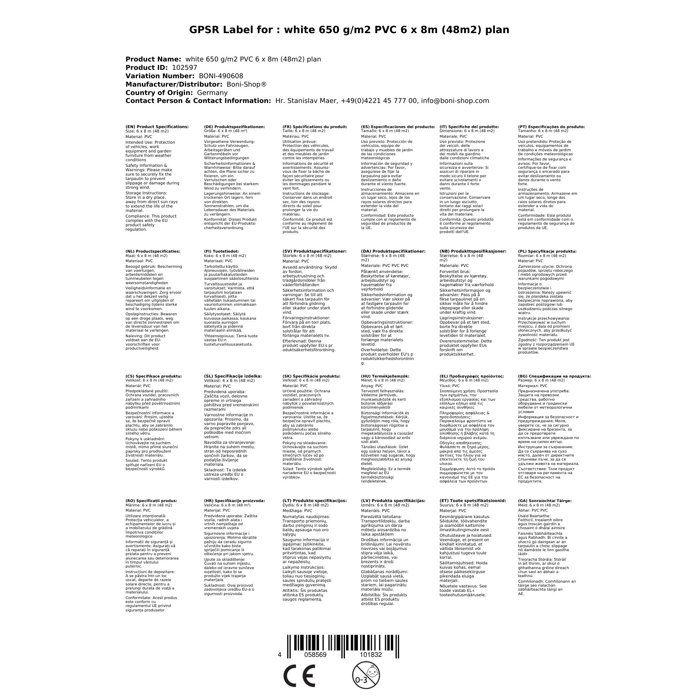 PVC Tarp 650g, 6x8m (48m²), White, Waterproof Protective Tarp