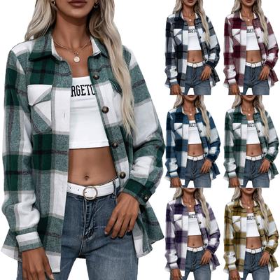 Damskie flanelowe koszule w kratę z długim rękawem i regularnym krojem zapinane na guziki topy jesień Streetwear