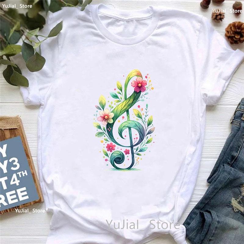 Watercolor Music Note Flowers Print T Shirt Girls Summer Fashion Tshirt Womem Hip Hop Tshirt Femme Harajuku Shirt Streetwear