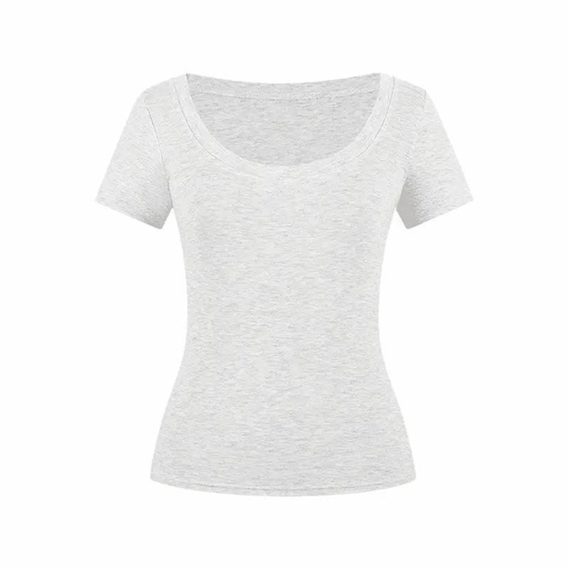 Pure Desire U-Neck Shoulder Short Sleeve T-Shirt Sexy Slim Versatile Design Spring Summer Solid Color Spice Girl Short Top