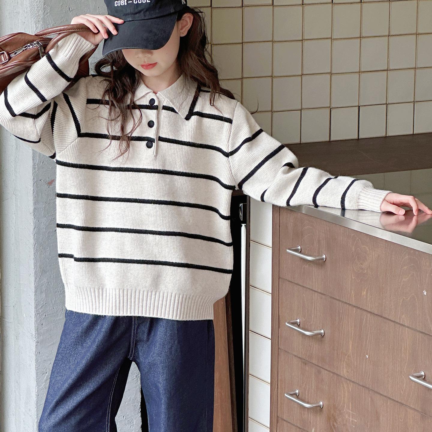 

Поло-свитер для девочек, вязаный в полоску, на весну/осень 2025 - Топ в корейском стиле для девочек-подростков 160 cm бежевый