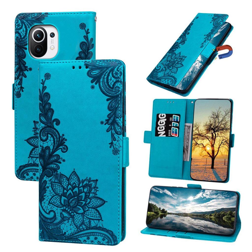 Lace Floral Print PU Leather Flip Wallet Phone Case for Xiaomi Mi 11 Lite 5G NE,5G,4G Cover