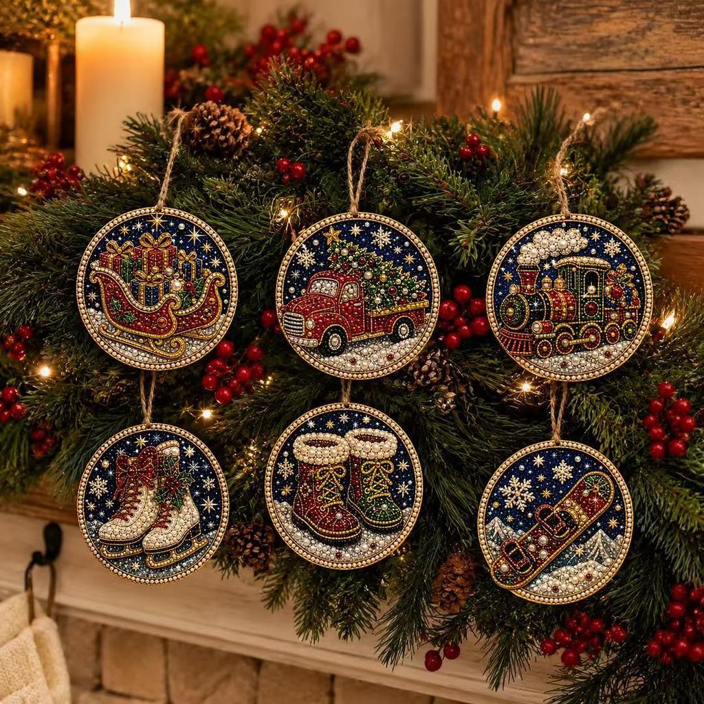 6pc Christmas Pearl Diamond Painting Kit 5D Full Round DIY Diamond for Xmas Tree Hanging Craft Pendent Holiday Christmas Decor