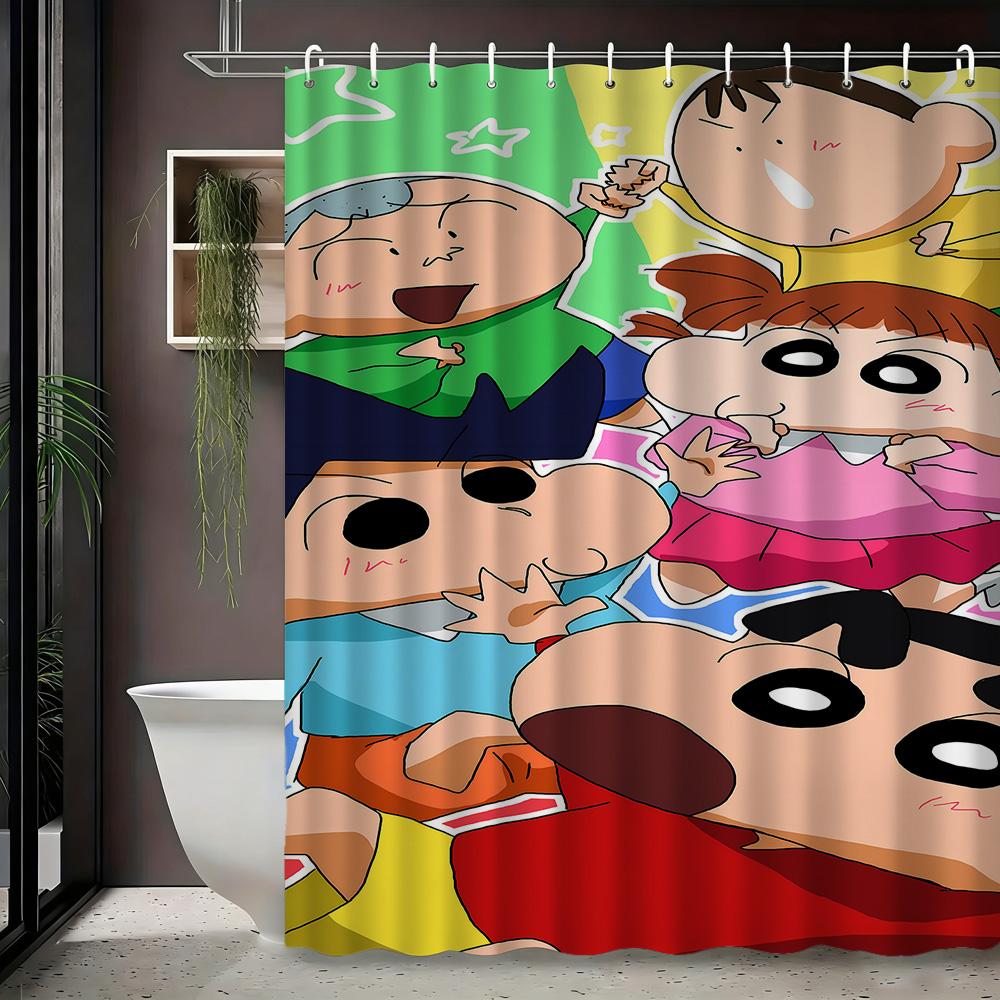 Crayon Shin-Chan Himawari & Pink Crocodile Toy Cartoon 2D Print Waterproof Shower Curtain, Minimalist White With Colorful Stars